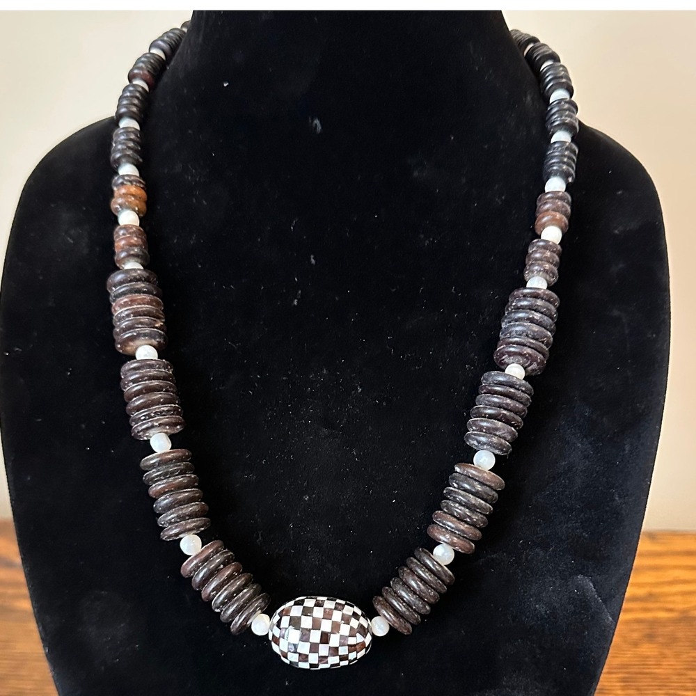 Vintage Wood Heishi Bead Necklace Checkered Focal Bead Boho Tribal 23 Inch